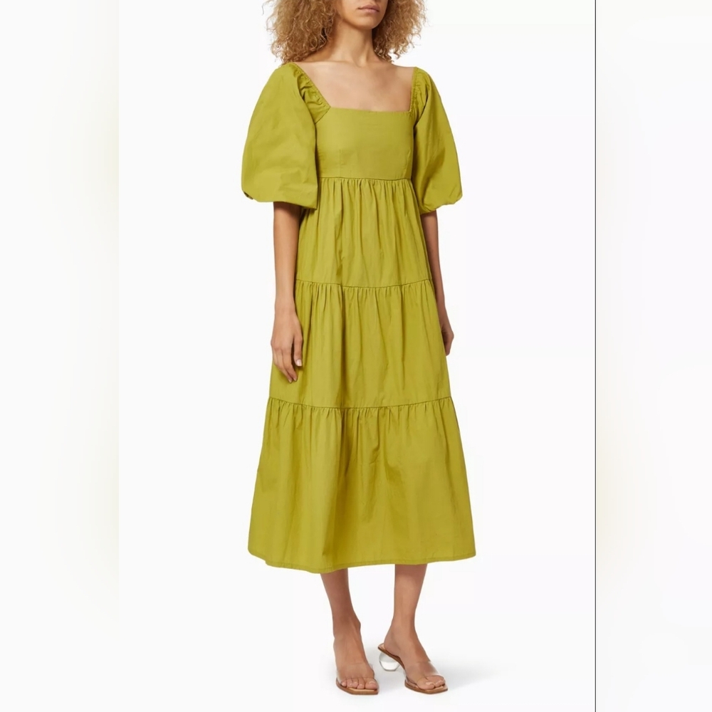 Faithfull The Brand Kiona Midi Olive Green Puff Sleeve Dress Size 2 100% Cotton‎